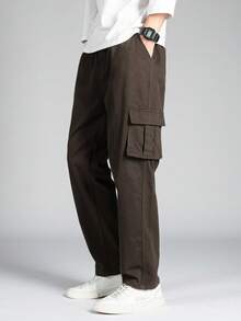 Manfinity Homme Men's Solid Color Drawstring Waist Pocket Casual Cargo Pants, Versatile For Daily Wear - Coffee Brown - View 5