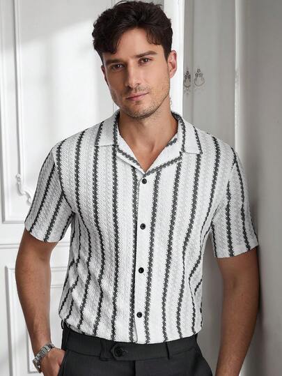 Core Aspect Men's Casual Striped Front Button Short Sleeve Shirt, Summer Daily Wear
