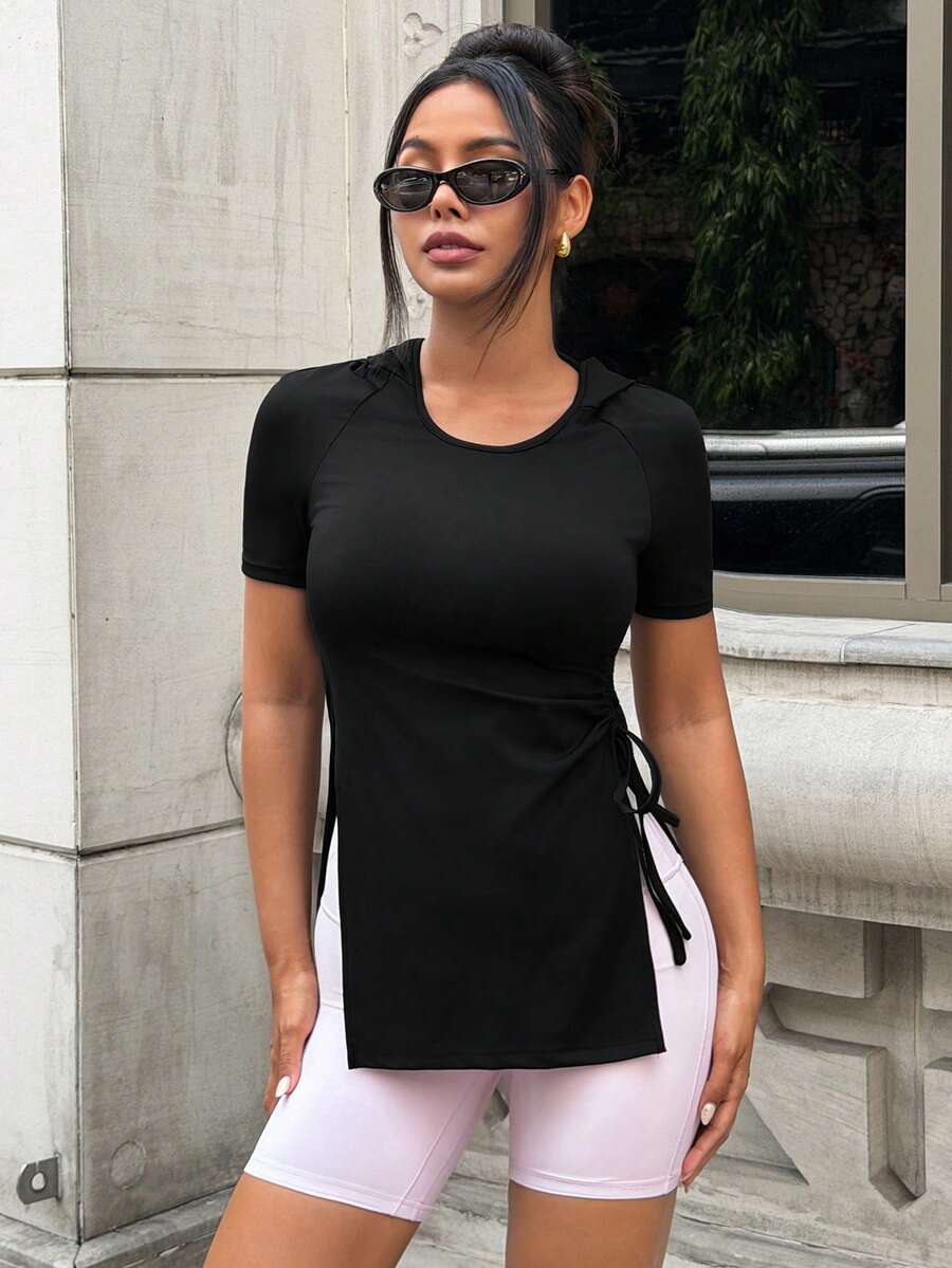 SHEIN Dewbera 女士时尚休闲健身跑步连帽修身侧开衩单抽绳设计瑜伽运动长袖卫衣，夏季 - 黑色 - 查看 1