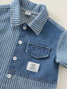 SHEIN 2pcs Baby Boy Summer Casual Korean Style Striped Denim Shirt & Denim Shorts Set, Color Block Outfit - Multicolor - View 5