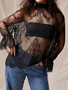 Nubod Plus Size Lace Fabric High Collar Long Sleeve Cuff Ruffle Asymmetrical Hem Fitted Sheer Blouse, Elegant For Outings, Dates, Parties, Beach Vacations - Black - View 6