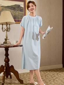 DAZY Women's Solid Color Pleated Casual Everyday Dress Summer Pajamas - Blue - View 11