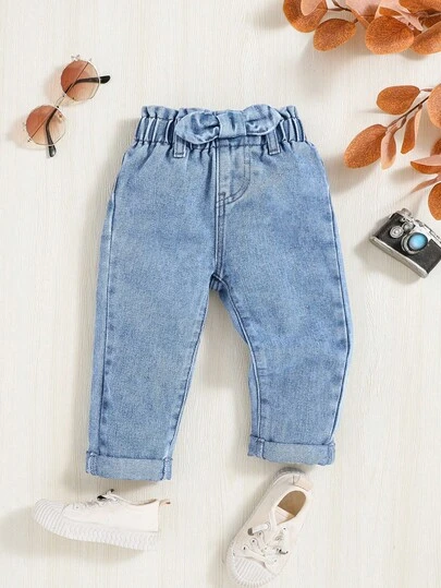 SHEIN Baby Girl Casual Everyday Commute Sweet Cute Bow Waist Denim Jeans
