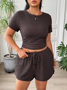 Muchica Plus Size Women Summer Casual Daily Commute Solid Color Short Sleeve Fitted Cropped Top And Drawstring Waist Shorts Set - Coffee Brown - View 5
