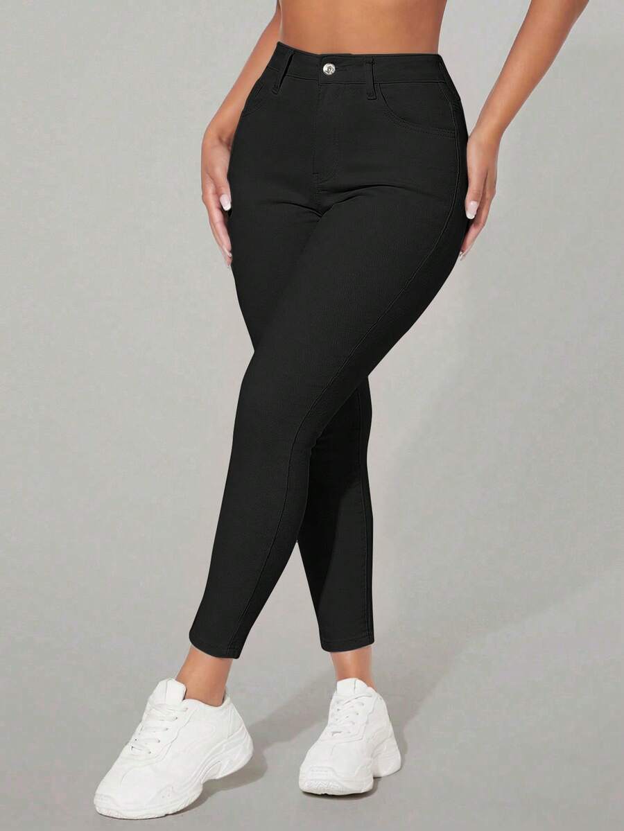 SHEIN PETITE 女士休闲通勤简约纯色高腰修身九分牛仔裤 - 黑色 - 查看 1