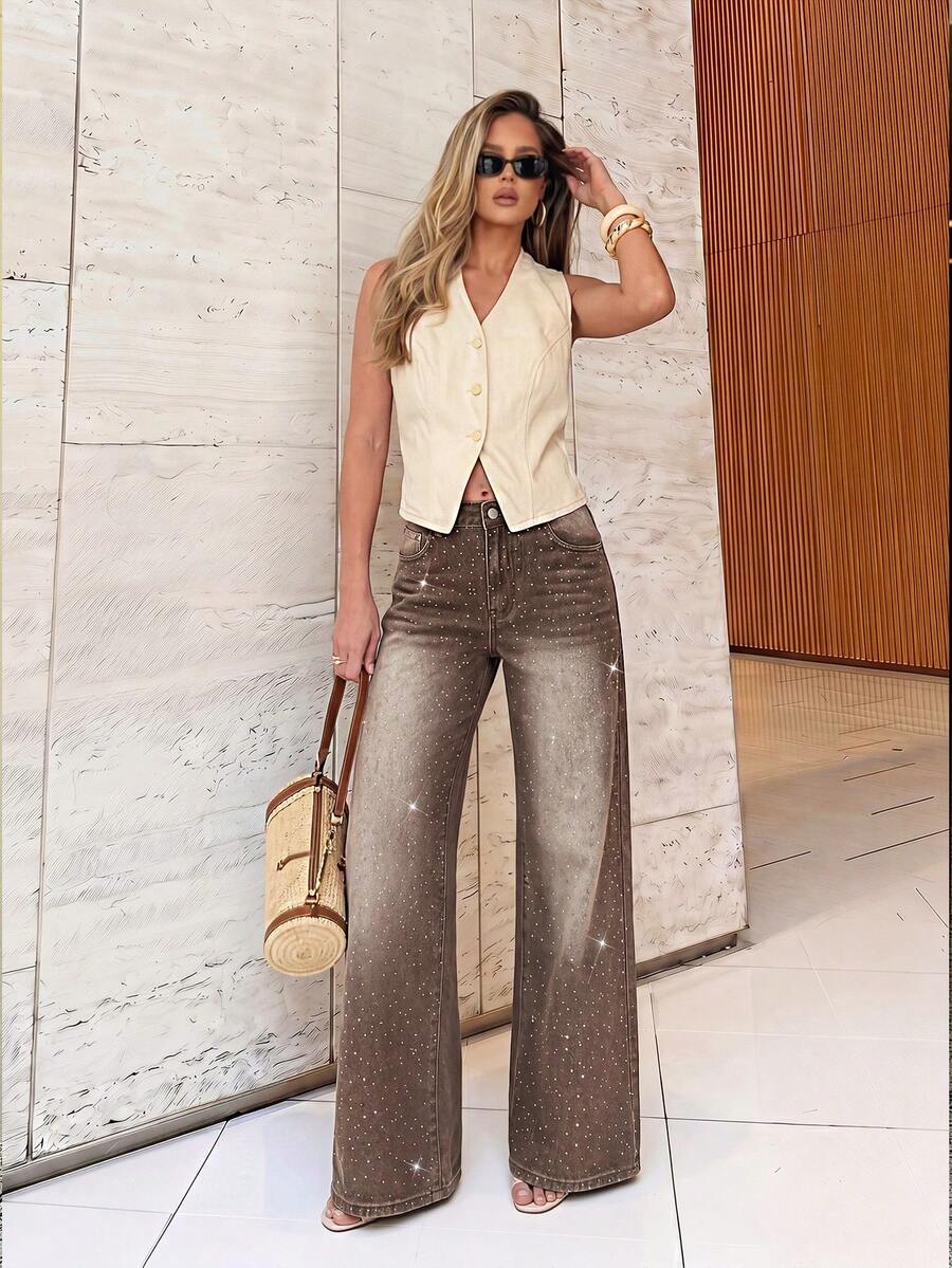 Selenza Women's Casual Chic Washed Rhinestone Embellished Wide Leg Jeans Night Out Coffee Brown Summer - Coffee Brown - View 1