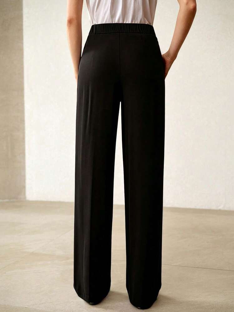 WOMEN'S CASUAL SOLID COLOR FOLD PLEATED STRAIGHT LEG SUIT PANTS