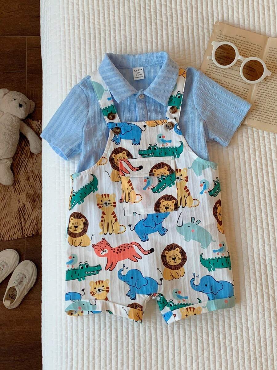 SHEIN 2件套男/女婴休闲可爱夏季舒适卡通图案连体衣短袖T恤套装,衬衫套装,背带裤套装,可爱套装,萌系背带裤 - 彩色 - 查看 1