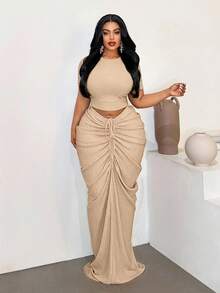 Maweii Plus Size Sexy Fitted Beach Ruched Skirt Set - Khaki - View 3