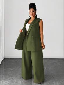 Maweii Setelan Jas Wanita Ukuran Besar Kasual Elegan dengan Kancing dan Celana Panjang Lebar, Cocok untuk Kantor/Perjalanan, Musim Gugur/Musim Dingin - Dark Green - View 6