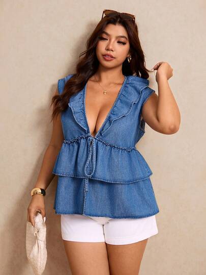 Elaquor Plus Size Women's Patchwork Ruffle Trim Deep V Sexy Denim Blouse