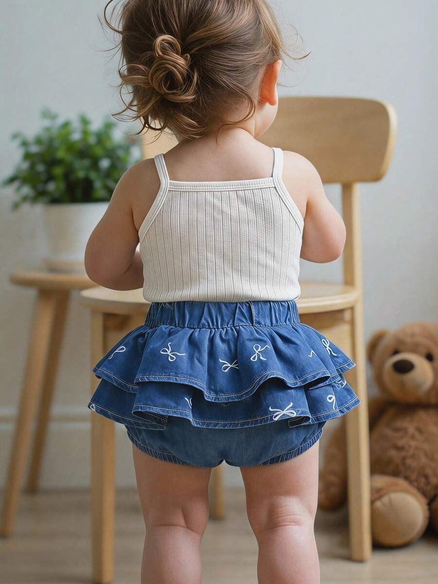 SHEIN Falda de volantes de denim azul con decoración de lazo blanco para niñas bebé, con pantalones cortos triangulares suaves y cómodos, ligeros para primavera y verano - Azul - Ver 1