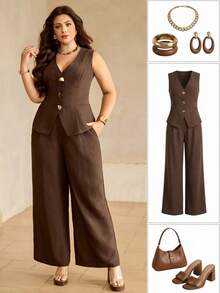 Roveilla Plus Size Women's Summer Elegant Brown Dinner 2-Piece Set,Linen-Like V-Neck Sleeveless Vest With Metal & Wood Buckle,Back Tie Wide Leg Pants Workwear - Brown - View 1