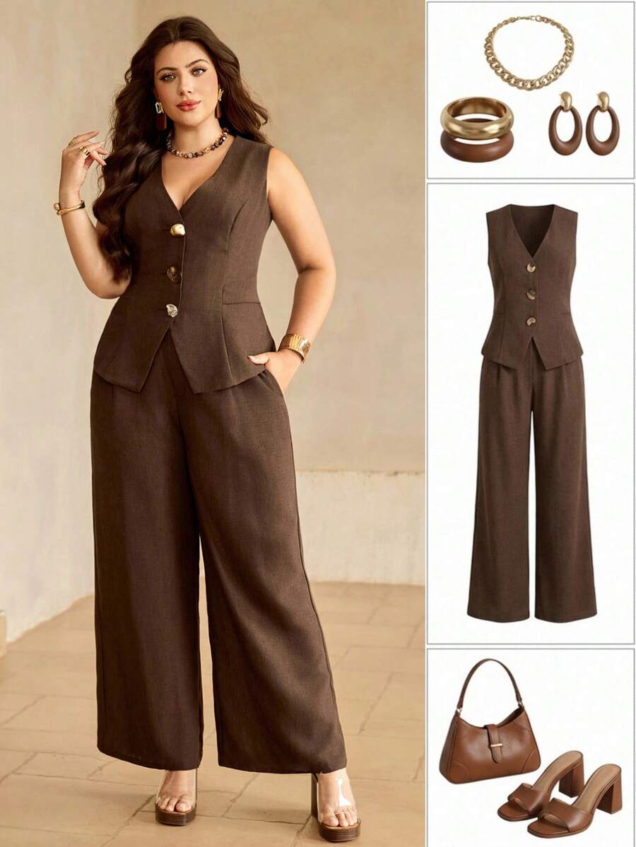 Roveilla Plus Size Women's Summer Elegant Brown Dinner 2-Piece Set,Linen-Like V-Neck Sleeveless Vest With Metal & Wood Buckle,Back Tie Wide Leg Pants Workwear - Brown - View 1