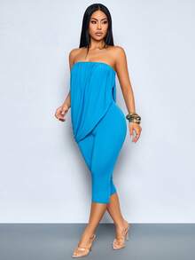 SOLERSUN Bộ jumpsuit lửng ôm sát xếp ly trễ vai dành cho nữ, trang phục 2 trong 1 thoải mái cho mùa hè đi chơi, bộ jumpsuit lửng bất đối xứng trễ vai mùa hè Y2K dành cho nữ, quần lửng ôm sát 2 mảnh cho câu lạc bộ, tiệc tùng, kỳ nghỉ, bộ jumpsuit lửng bất đối xứng xếp ly trễ vai mùa hè 2025 dành cho nữ, quần lửng ôm sát thoải mái cho nữ đi chơi. - Màu xanh lam - Xem 5