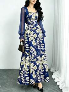 Modelyn 花卉植物线条印花藏蓝色连衣裙，女士时尚方领灯笼袖设计连衣裙，夏季收腰长款优雅连衣裙，适合夏季度假和日常穿着。 - 彩色 - 查看 3