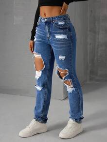 SHEIN EZwear 女士休闲日常穿着做旧口袋纽扣设计牛仔裤 - 中等水洗藍 - 查看 3