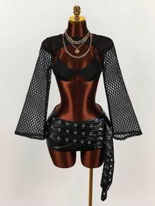 Amplova Music Festival Street Style Sexy Bra + Sheer Overlay Top For Women Golf Pastal Autumn - Black - View 3