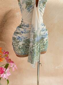 Vestido mini con estampado floral, diseño de lazo y escote halter, para vacaciones - Multicolor 2 - Ver 7