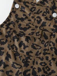 Kleine Mädchen Spielerischer & süßer Stil Kleinkind Latzhose, saisonal, kaffeebraun, schwarze Schleife Dekoration an den Seiten, braune Basis schwarzer Leoparden Muster Design, locker gerade Bein Latzhose, Cord Stoff, weich & bequem, geeignet für Schule, Pendeln, täglichen Outdoor-Einsatz - Kaffeebraun - Übersicht 6