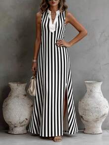 SHEIN Holidaya Đầm maxi kẻ sọc dọc thanh lịch và thoải mái dành cho nữ, đầm hè thanh lịch không tay cổ chữ V, đầm đi biển rộng rãi thoải mái, trang phục công sở trang trọng cho phái nữ, đầm chống nắng kẻ sọc đen trắng xẻ tà, hoàn hảo cho mùa xuân hè mặc hàng ngày và dự tiệc, trang phục kẻ sọc cho mùa xuân hè, đầm dự tiệc rộng rãi thoải mái - Màu xanh hải quân - Xem 3