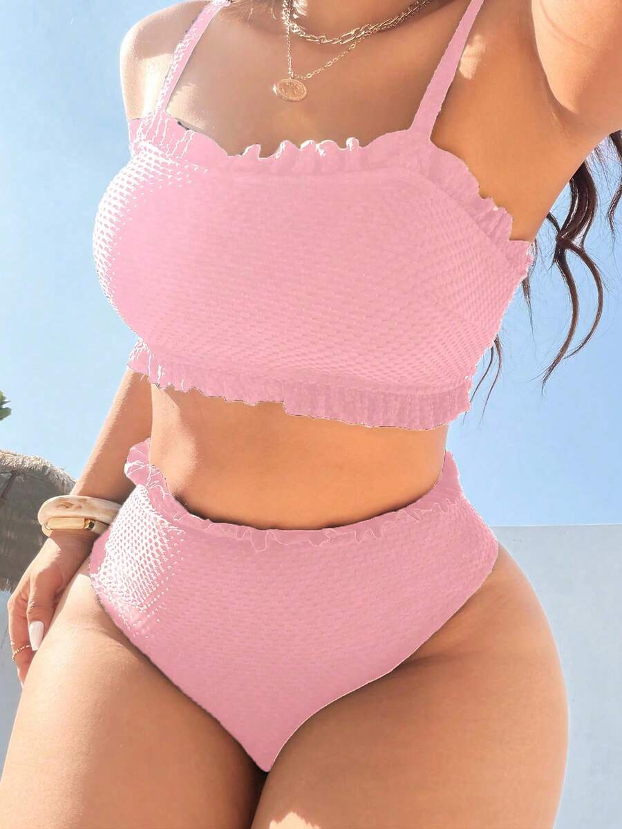 Swim Basics Plus Size Cerise Pink Jacquard Bandeau Top With Floral Trim & High Cut Waist Ruffle Triangle Bikini Set,Summer Glam Beach Holiday Women Swimsuit - Pink - View 1