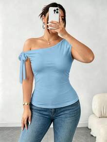 Elenzga Kaos Wanita Ukuran Besar Elegan Warna Polos Leher Asimetris Pas Badan, Musim Panas - Baby Blue - View 1