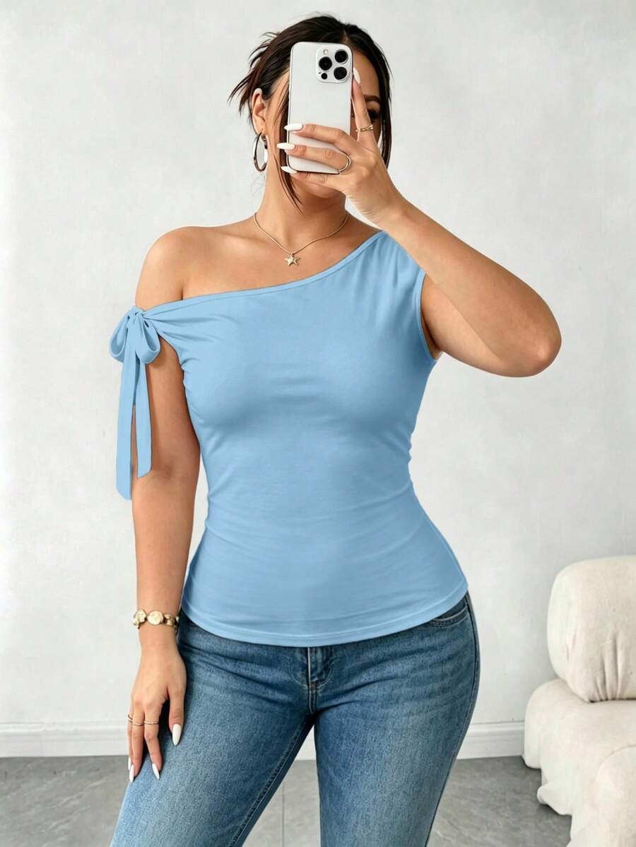 Elenzga Kaos Wanita Ukuran Besar Elegan Warna Polos Leher Asimetris Pas Badan, Musim Panas - Baby Blue - View 1