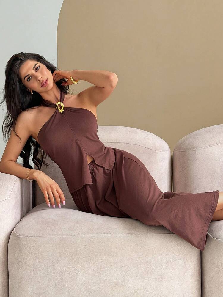 Women's Solid Color Metal Decor Halter Top And Skirt Casual 2-Piece Set Lounge Sets For Women Summer