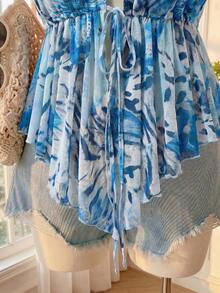 Comfortcana Plus Size Women Brown Halter Neck Tie Ruffle Hem Blouse, Spring/Summer Holiday Beach Gym Vacation Party Boho - Blue - View 7