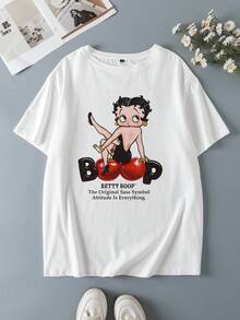Betty Boop x SHEIN 大码女式字母印花圆领短袖T恤 - 白色 - 查看 3