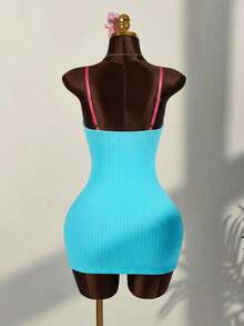 Amplova Sports Number Contrast Color Lace Patchwork Bodycon Mini Dress,Summer Dresses For Women - Teal Blue - View 7