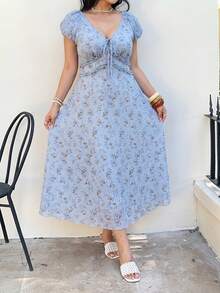 Sunnyshic Đầm kiểu Pháp lãng mạn dành cho nữ cỡ lớn, phong cách sinh viên, tay phồng, cổ tròn, viền bèo nhún, thiết kế tay áo đèn lồng, đầm tay ngắn, đầm mùa hè, đầm cưới, đầm thường ngày, đầm hoa, đầm đi nghỉ mát, đầm đi học, đầm hè cỡ lớn, trang phục đi nghỉ mát vùng quê phù hợp cho mùa xuân, mùa hè, mọi mùa. - Màu xanh lam - Xem 4