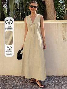 Livesso Đầm denim midi dáng suông, rộng rãi, thanh lịch, thích hợp cho mùa xuân và hè, phong cách Bohemian, thường ngày, đi nghỉ mát, du lịch, nghỉ mát, đi biển, công sở, dành cho nữ. - Màu be - Xem 3