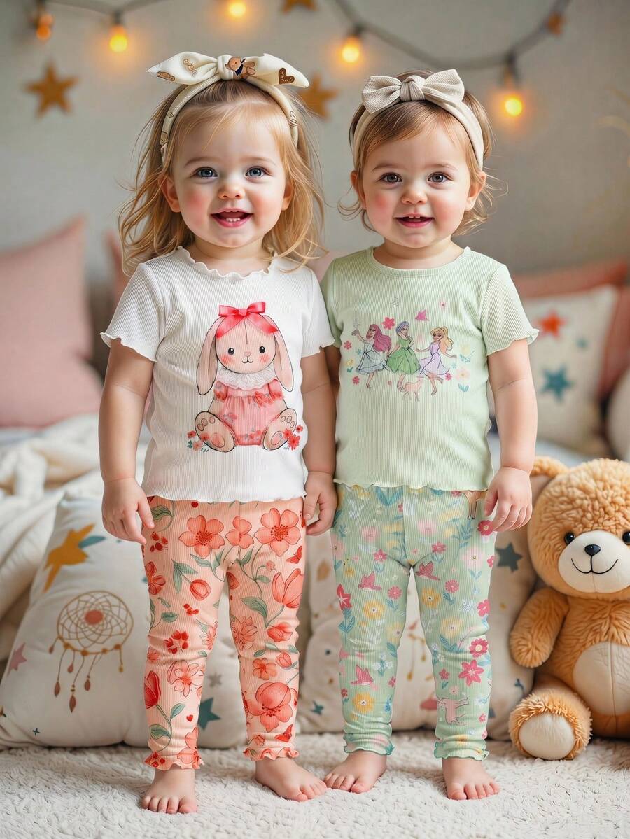 SHEIN Bộ 4 món đồ ngủ cho bé gái, họa tiết gấu hoạt hình dễ thương và hoa, cổ tròn, tay ngắn, viền bèo nhún, chất liệu dệt kim, thoải mái. - Nhiều màu - Xem 1