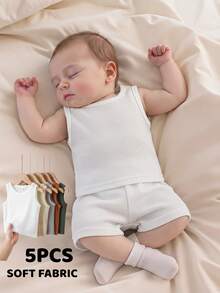 SHEIN Playful Pals Bộ 5 áo ba lỗ dệt kim màu trắng, thích hợp mặc trong, cho các hoạt động ngoài trời, mặc thường ngày, du lịch, phù hợp cho bé trai từ 6 tháng đến 3 tuổi. - Nhiều màu - Xem 7