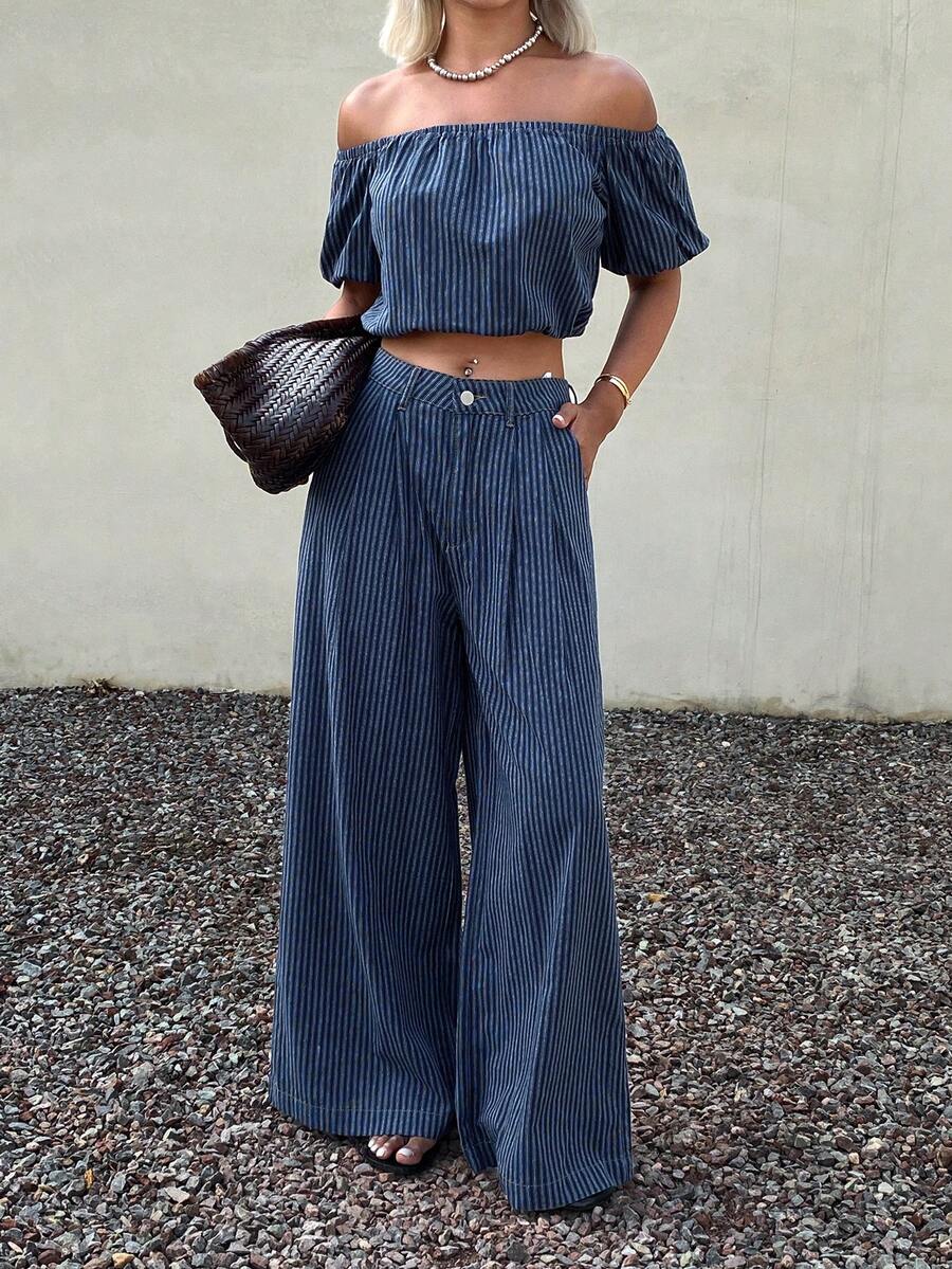 Livesso Bộ áo trễ vai và quần jeans ống rộng dành cho nữ, thích hợp cho mùa hè. - Màu xanh hải quân - Xem 1
