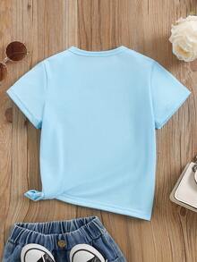 SHEIN Cute Brown Puppy Cartoon Animal Print Casual Basic Blue Short T-Shirt, Comfortable Daily Wear, Suitable For Spring, Summer And Autumn Girls - Blue - View 2