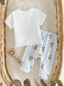 SHEIN 2-Pack Newborn Baby Boy Cartoon Bear Print White Summer Casual Family Matching Short Sleeve Open Shoulder Button Top & Striped Footed Pants Pajamas - White - View 2