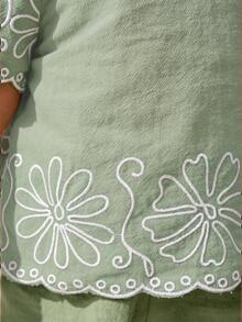 Travachic KIDS Set 2pcs Baju Bayi Perempuan Tenun Warna Polos Bordir Leher Bulat dan Celana Kasual Longgar - Mint Green - View 5
