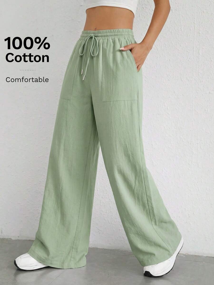 SHEIN EZwear 女士休闲度假通勤薄荷绿编织抽绳腰斜插口袋宽松阔腿裤 - 薄荷綠 - 查看 1