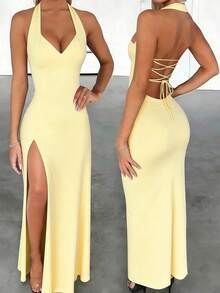 INAWLY Solva Women's Deep V-Neck Halter Tie Backless High Slit Maxi Dress - Yellow - View 1
