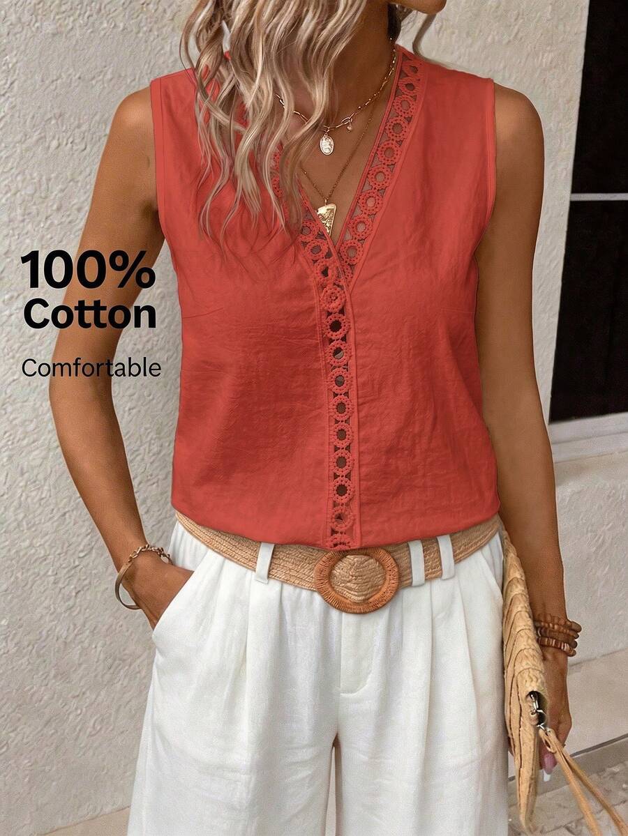 SHEIN LUNE Guipure Lace Panel Sleeveless Blouse - Redwood - View 1