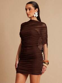 Silquee Women's Asymmetrical Ruched Collar Sleeveless Short Dress, Spring/Summer - Brown - View 5