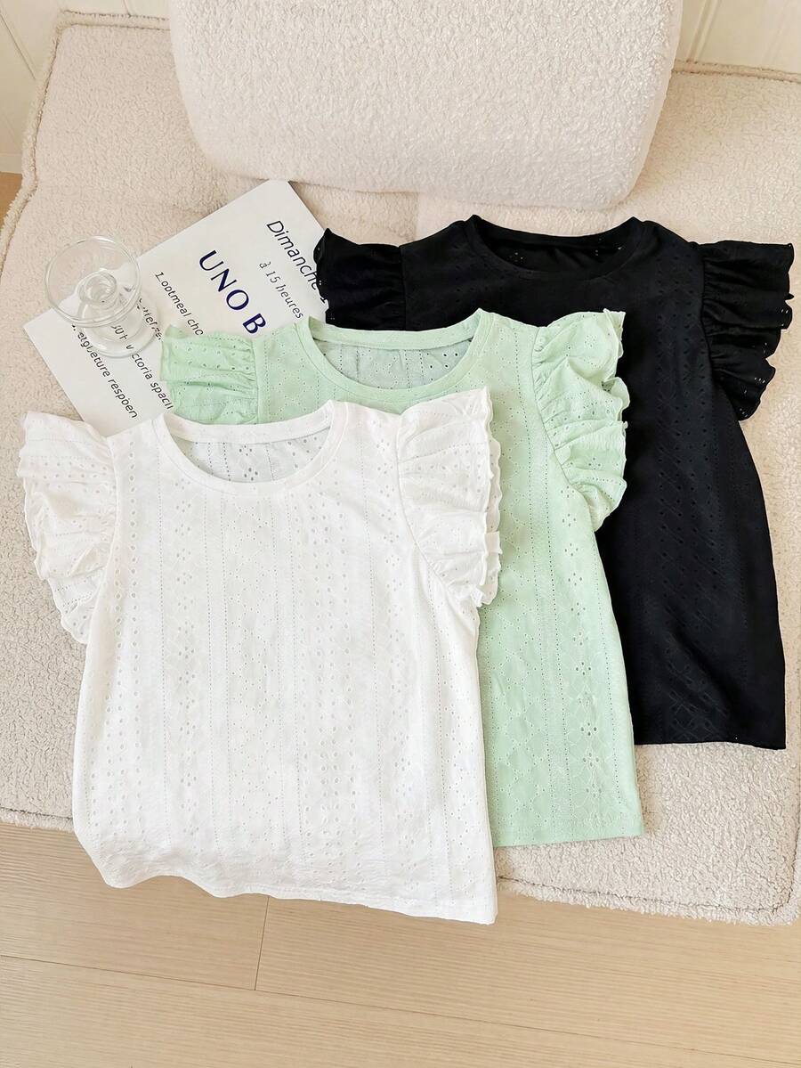 SHEIN LMoss Kids 3pcs/Set Tween Girl/Tween Girls' Casual Jacquard Knit Solid Color Round Neck Cap Sleeve Tops - Green - View 1