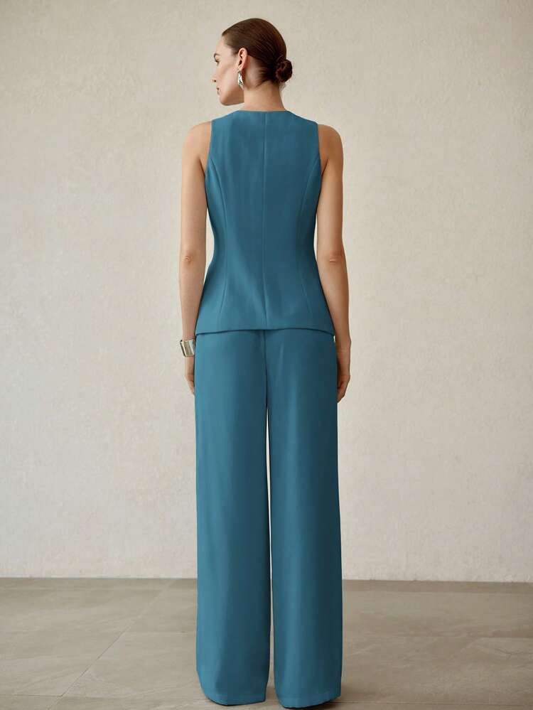 WOMEN'S SUIT VEST & SLANT POCKET PANTS OUTERWEAR, SLEEVELESS TWO PIECES SET