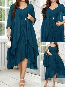 Reflora Gaun Pesta Elegan Wanita Ukuran Besar dengan Hiasan Berlian Imitasi, Atasan Camisole dan Jaket Luar Ringan Transparan, Set 2 Potong - Teal Blue - View 2