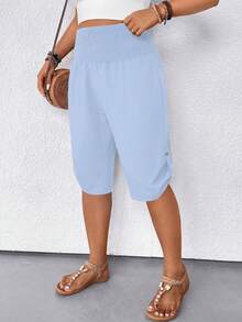 SHEIN LUNE CURVE Plus Size Women Casual Drawstring Waist Bermuda Shorts, Versatile - Sky Blue - View 5