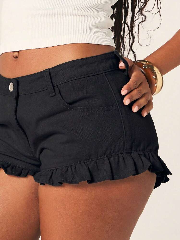 MISSGUIDED Low Rise Frill Hem Hot Pants Ruffle Trim Denim Shorts Festival Summer Beach Casual Vintage Style Short Pants