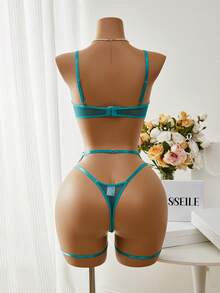 Esselle Bộ đồ lót lưới thêu mỏng có gọng 5 món lãng mạn dành cho nữ - Màu xanh Cadet - Xem 2